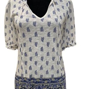 NWT Lucky Brand Top White & Blue Paisley Split Neck Puff Sheer Sleeve Size Small